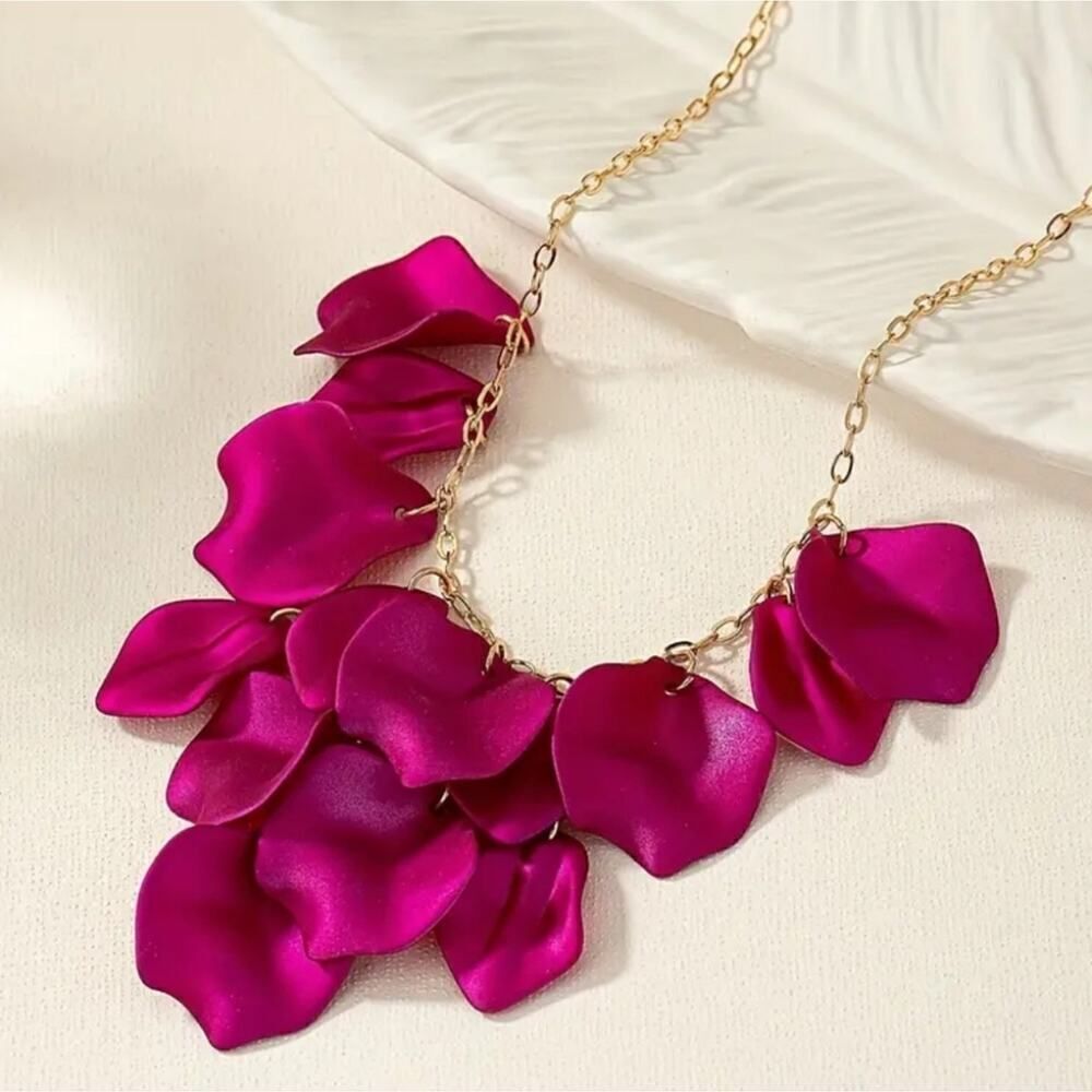 Elegant Fuchsia Petal Necklace 14K Gold Plated Chain